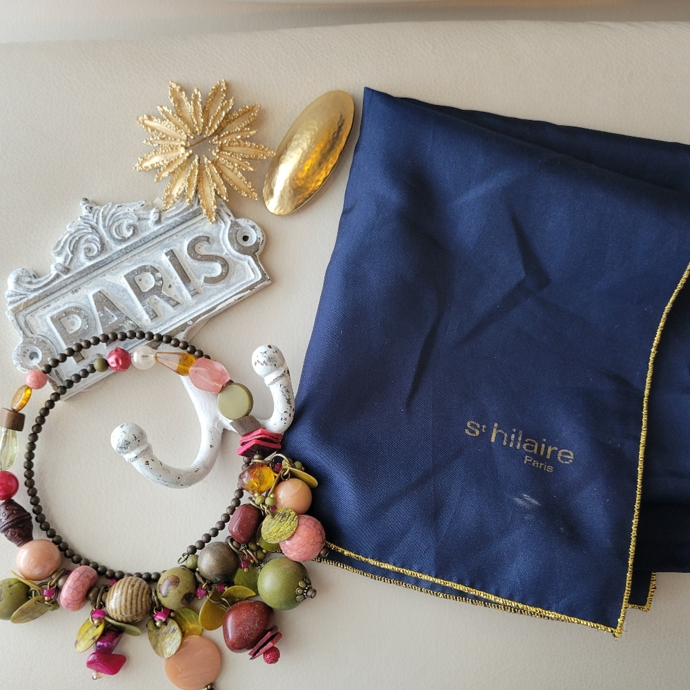 St. Hilaire Paris Blue Scarf Gold Metallic Trim ~ Rectangular ~ Vintage? ~ GUC